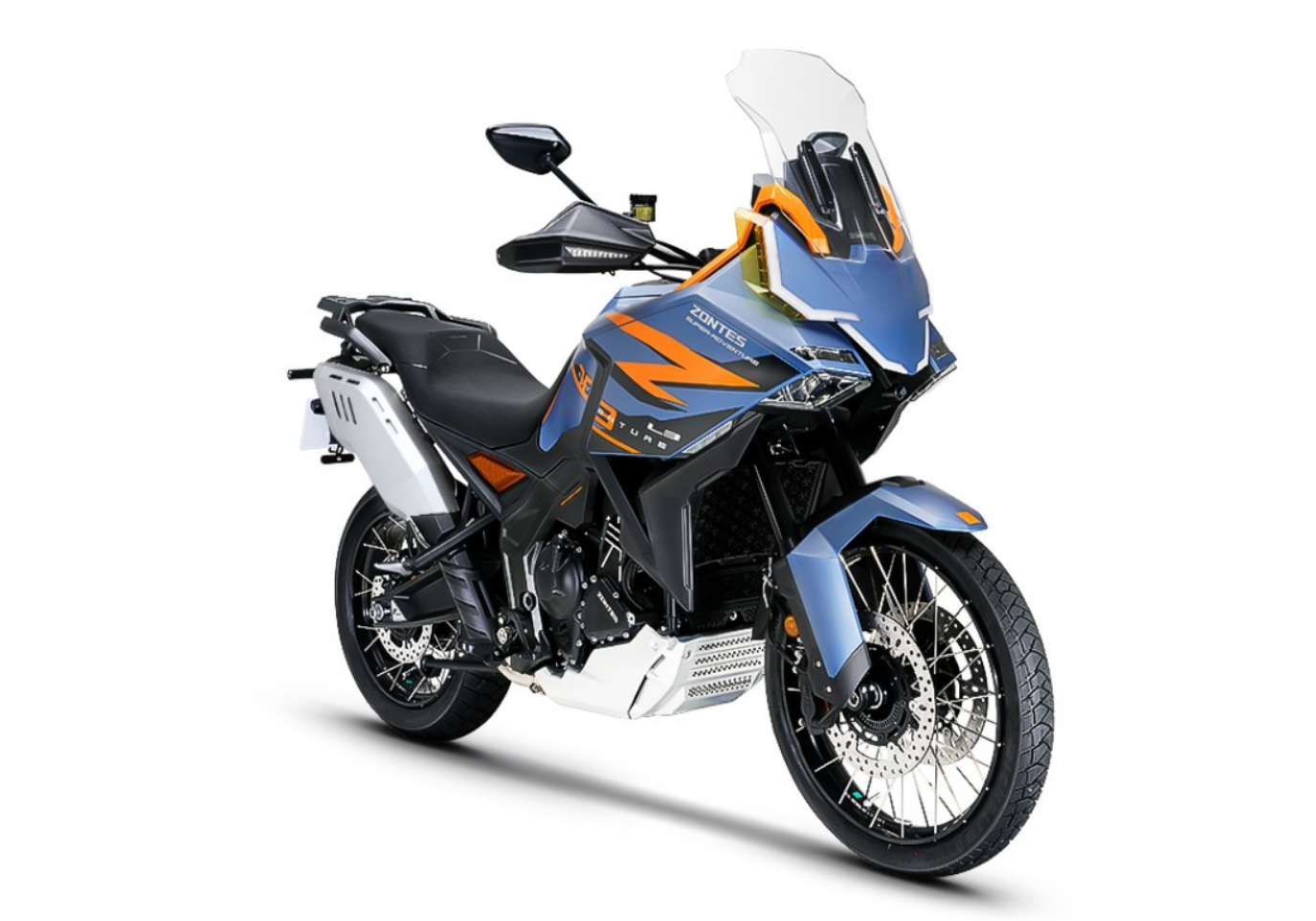 Moto ZT703-F a azul e laranja vista 45º frontal do lado direito.