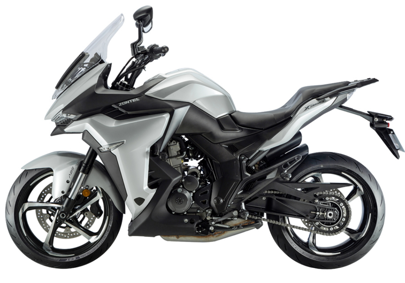 Moto ZT350-X a cinzento vista do lado direito.
