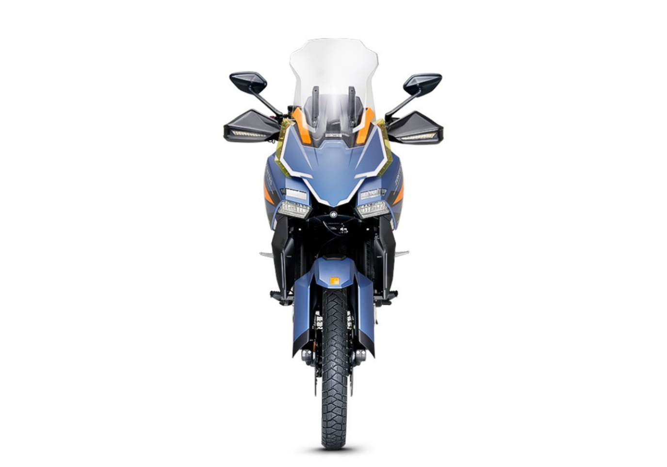 Moto ZT703-F a azul e laranja vista de frente.