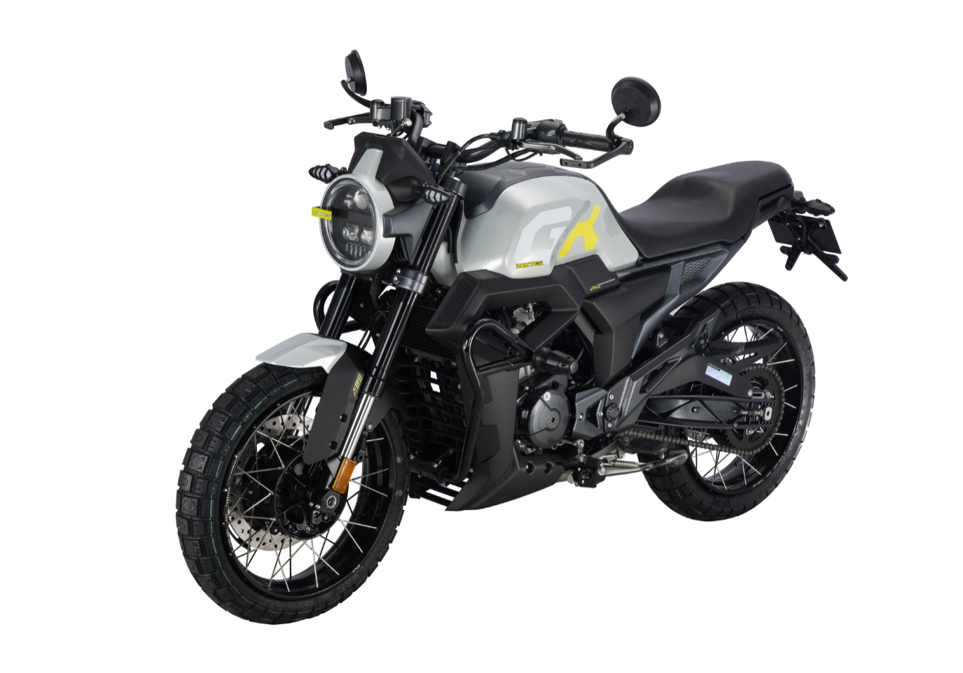 Moto ZT125-GK a cinzento vista 45º frontal do lado esquerdo.