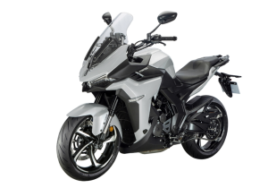 Moto ZT350-X a cinzento vista 45º frontal do lado esquerdo.