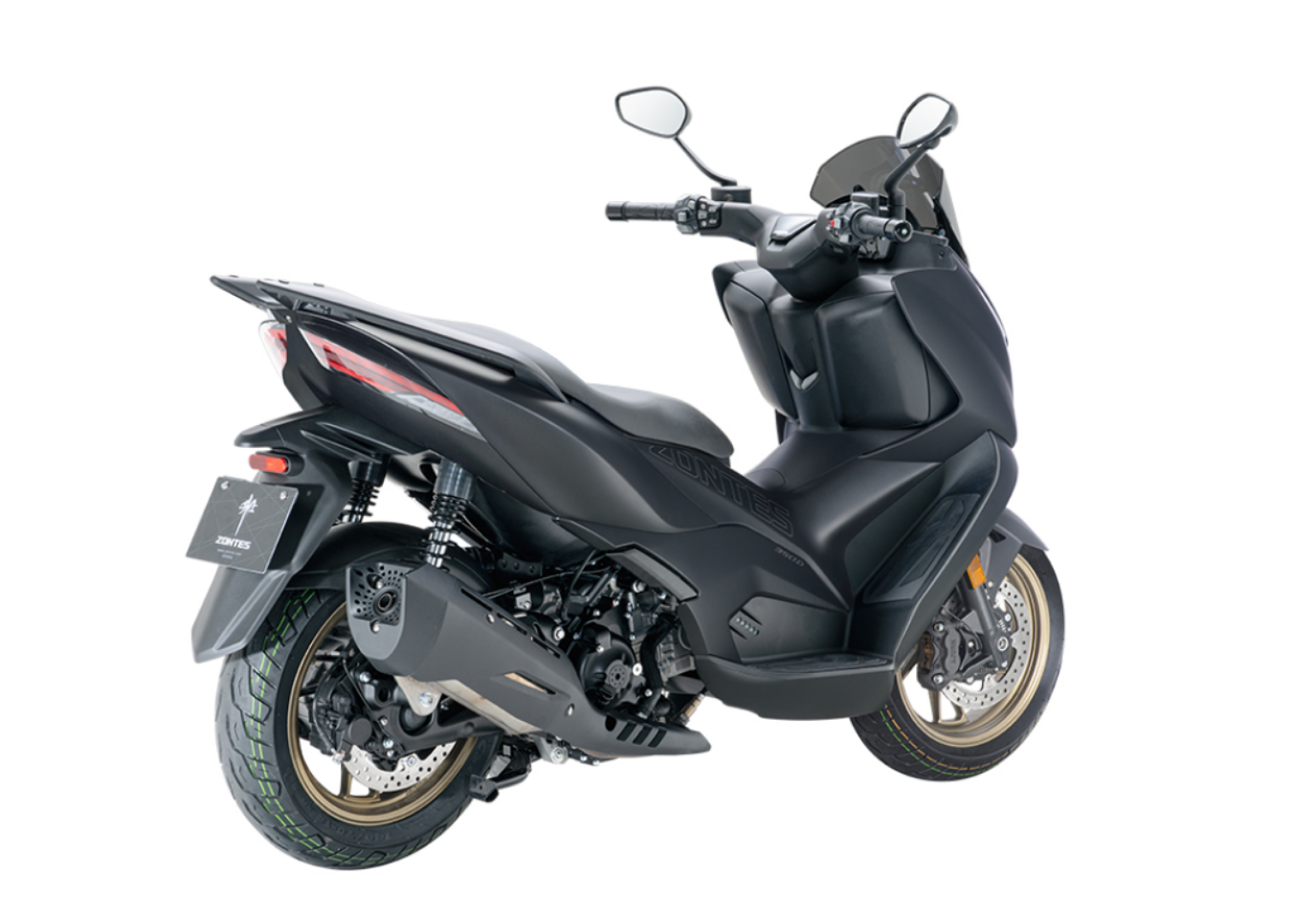 Moto ZT350-D a preto vista 45º traseira do lado direito.