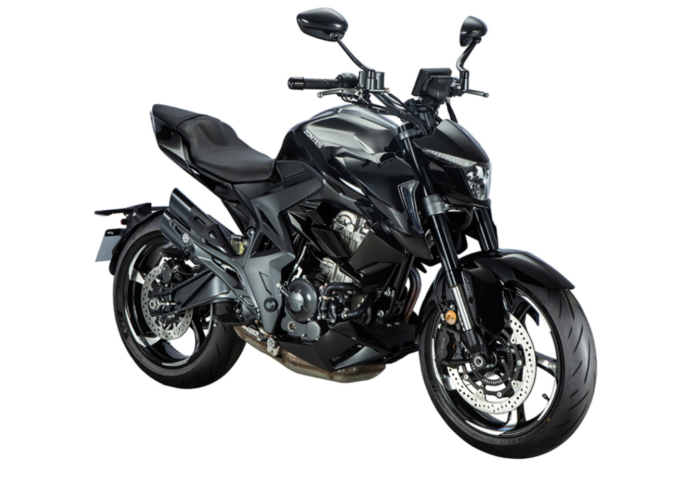 Moto ZT350-R a preto vista 45º frontal do lado direito.