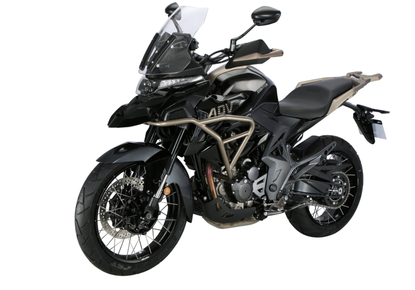 Moto ZT350-TX a preto vista 45º frontal do lado esquerdo.