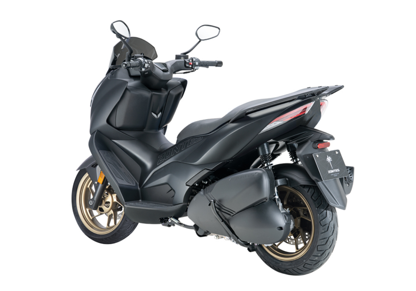 Moto ZT350-D a preto vista 45º traseira do lado esquerdo.