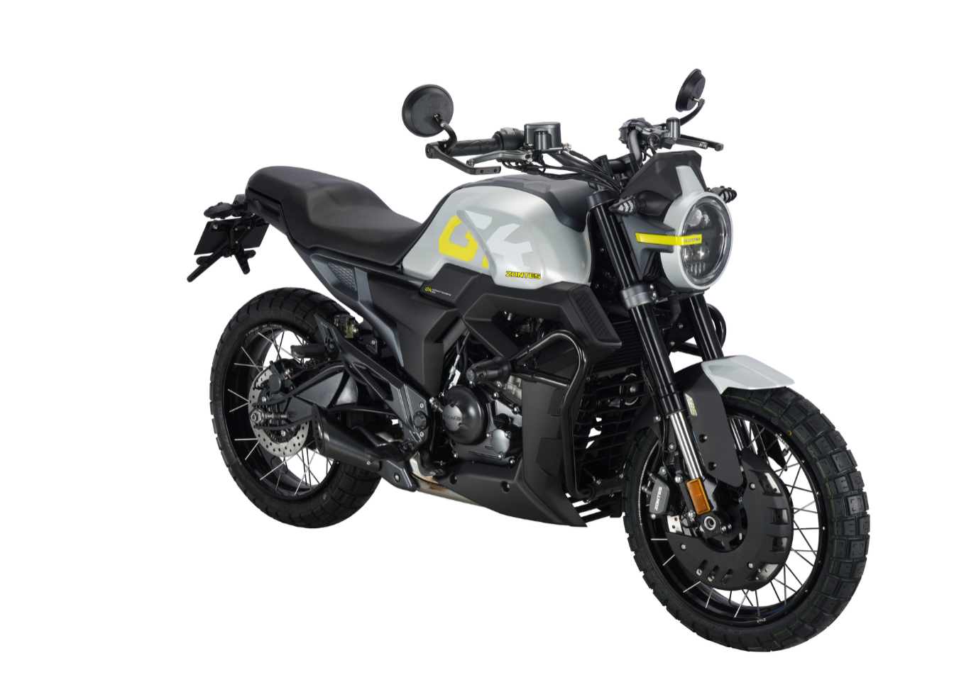 Moto ZT125-GK a cinzento vista 45º frontal do lado direito.
