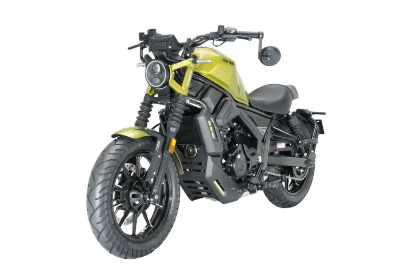 Moto ZT125-C a amarelo vista 45º frontal do lado esquerdo.