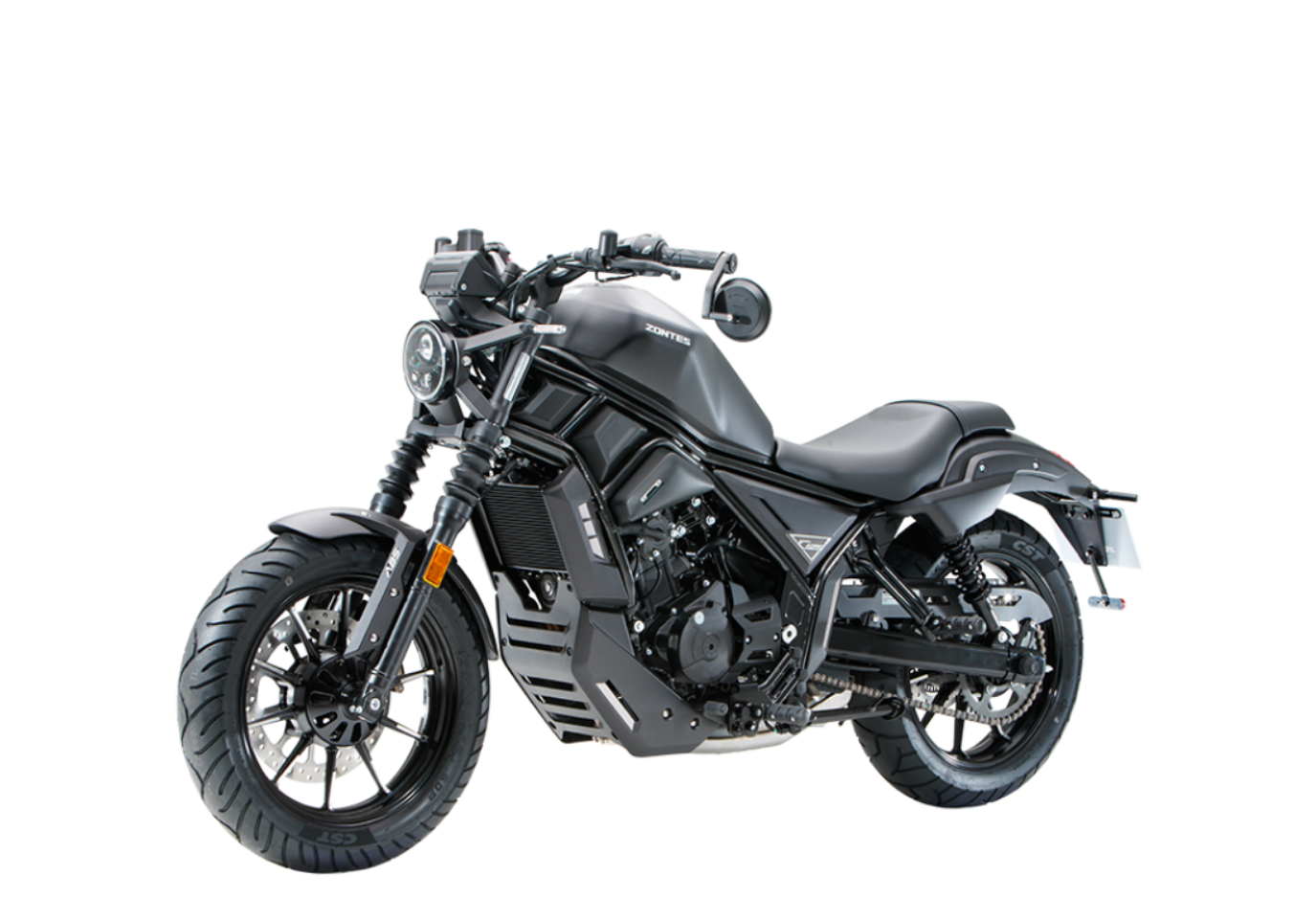 Moto ZT125-C2 a preto vista 45º frontal do lado esquerdo.