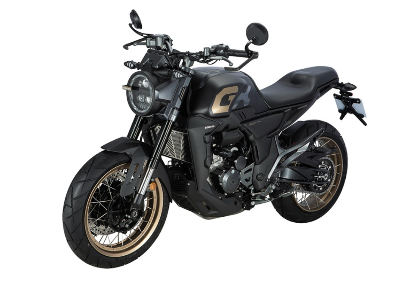 Moto ZT350-GK a preto vista 45º frontal do lado esquerdo.