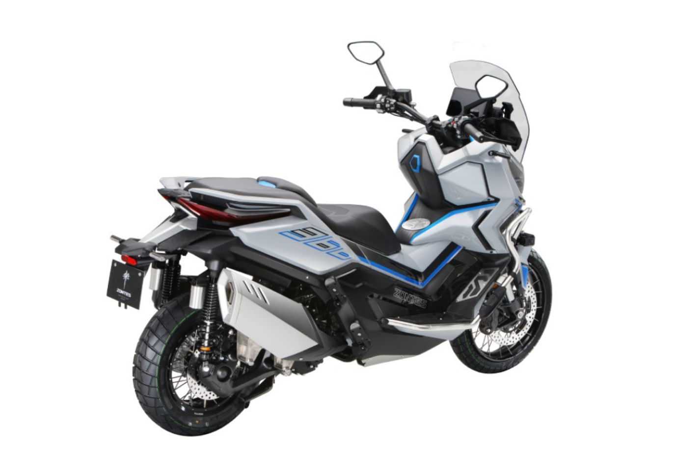Moto ZT703-RR a vermelho e branco vista 45º traseira do lado direito.