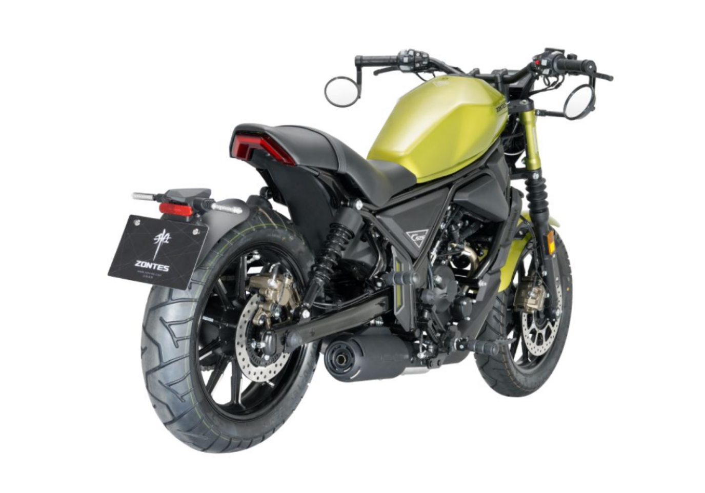 Moto ZT125-C a amarelo vista 45º traseira do lado direito.