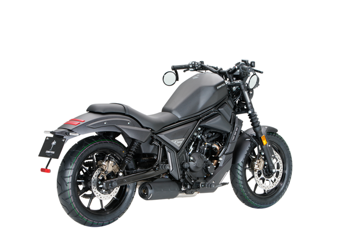 Moto ZT125-C2 a preto vista 45º traseira do lado direito.