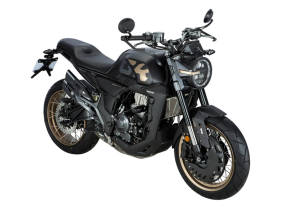 Moto ZT350-GK a preto vista 45º frontal do lado direito.