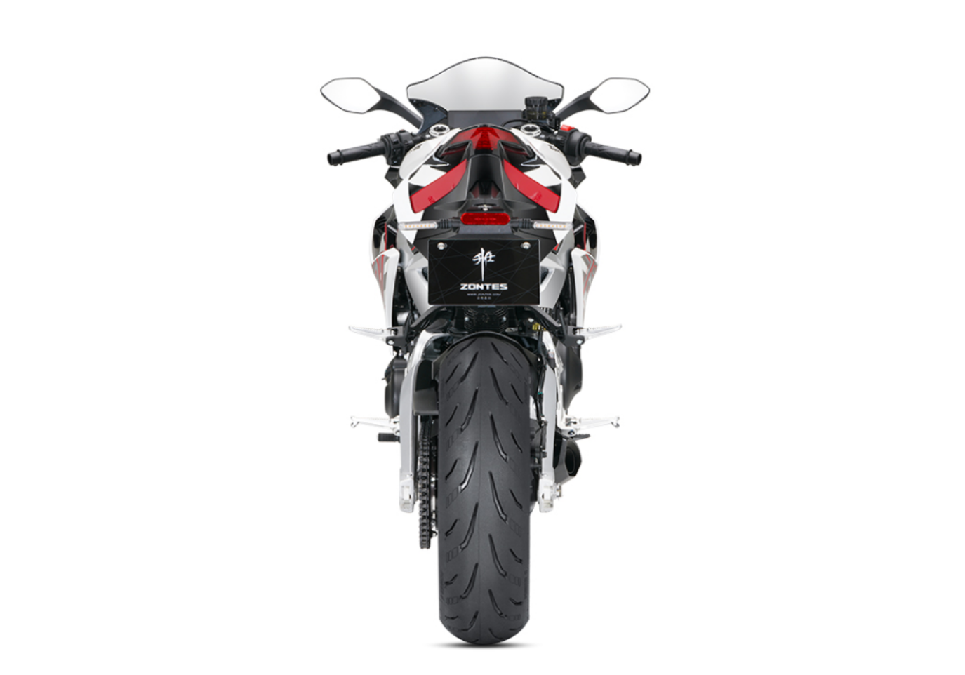 Moto ZT703-RR a vermelho e branco vista de trás.